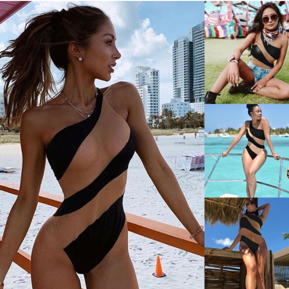 NEW One Shoulder Stripe Mesh Patchwork Bodysuit